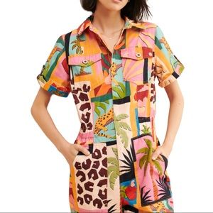 Farm Rio x Anthropologie Tropical Collage Print XS Pink Black Canvas Coveralls